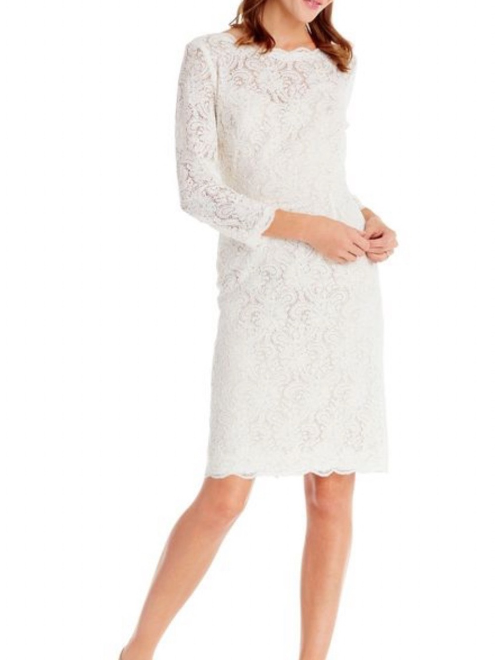 Elegant White Lace Sheath Dress with Three-Quarter Sleeves